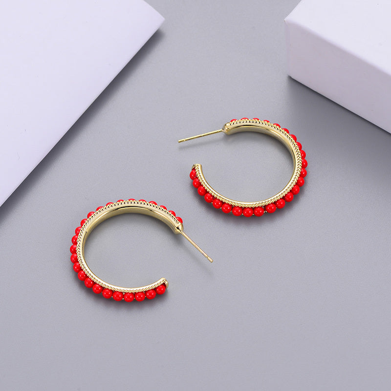 Red Beaded Hoop Earrings