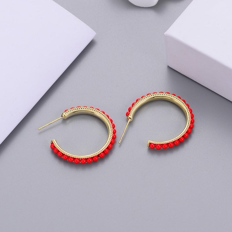 Red Beaded Hoop Earrings