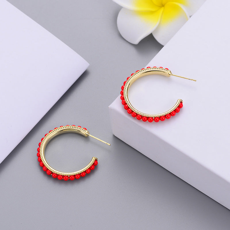 Red Beaded Hoop Earrings