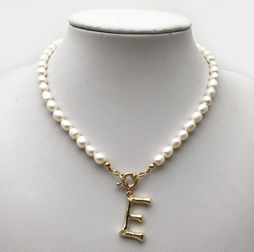 Bone Letter & Pearl Chain Initial Necklace