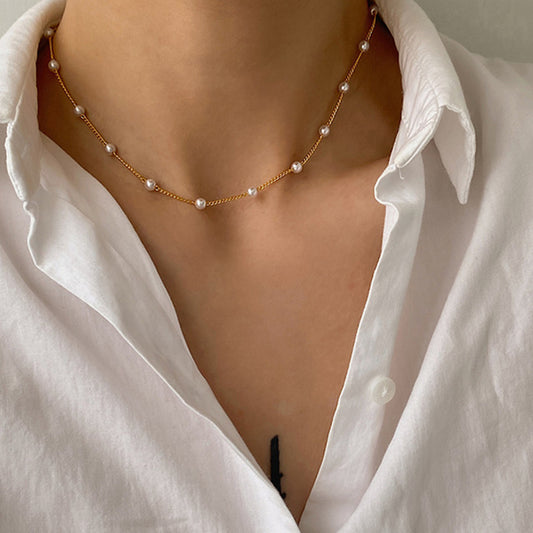 Pearl and Chain Clavicle Necklace