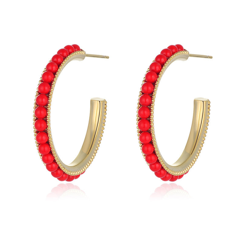 Red Beaded Hoop Earrings