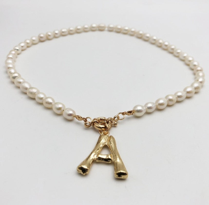 Bone Letter & Pearl Chain Initial Necklace