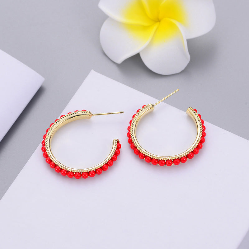 Red Beaded Hoop Earrings