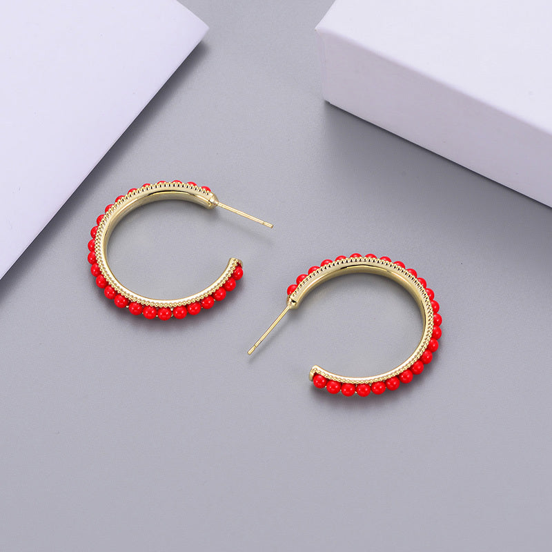Red Beaded Hoop Earrings